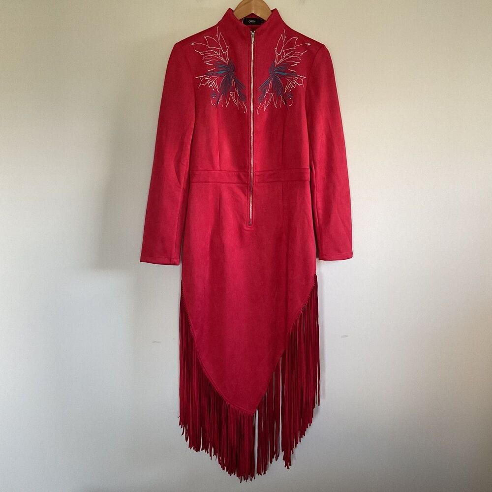 Oyrosy Western Style Embroidered Red Fringed Faux Suede Midi Dress L Festival - Picture 2 of 14